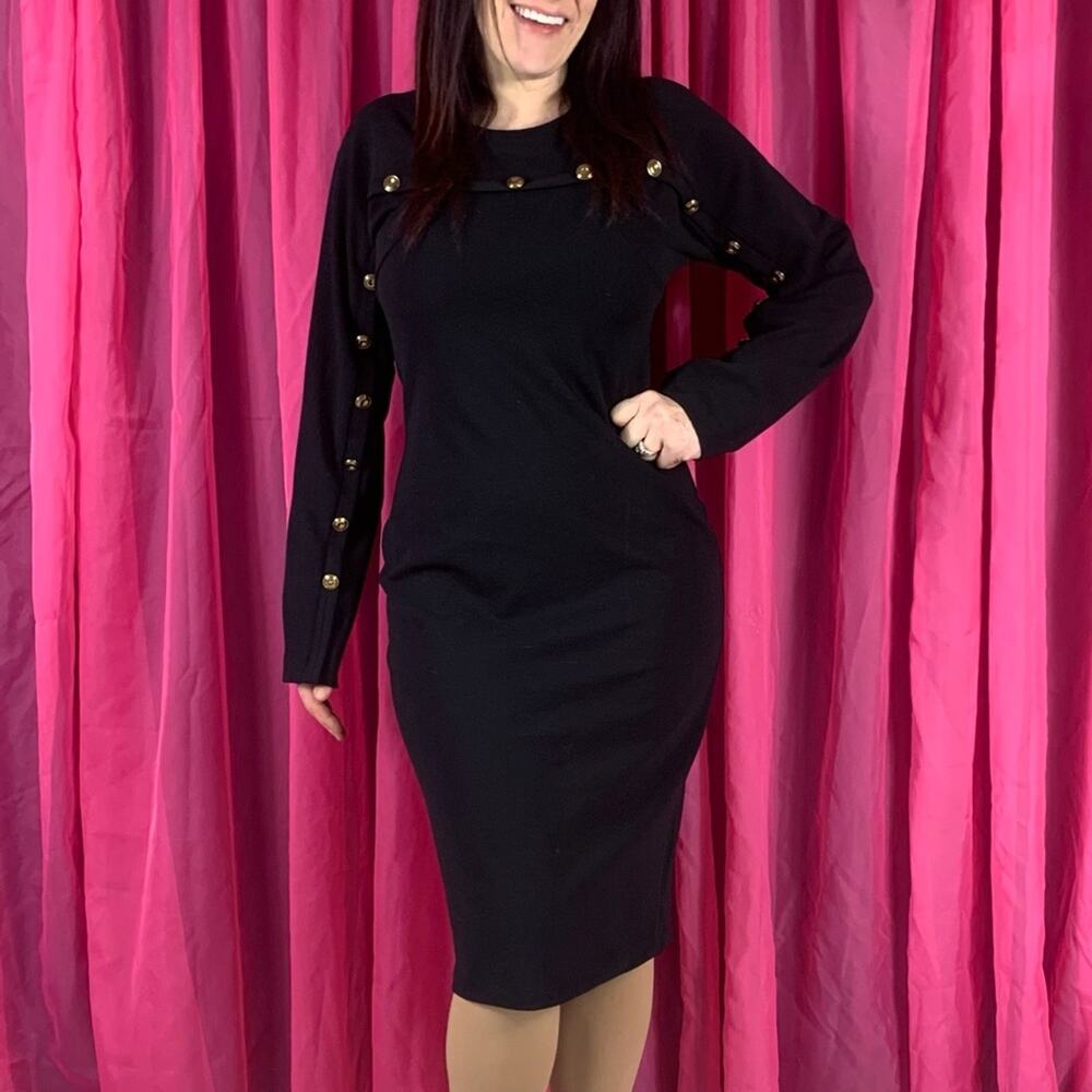 Miarte‎ Sheath style long sleeved gold button little black dress, size 4 or L